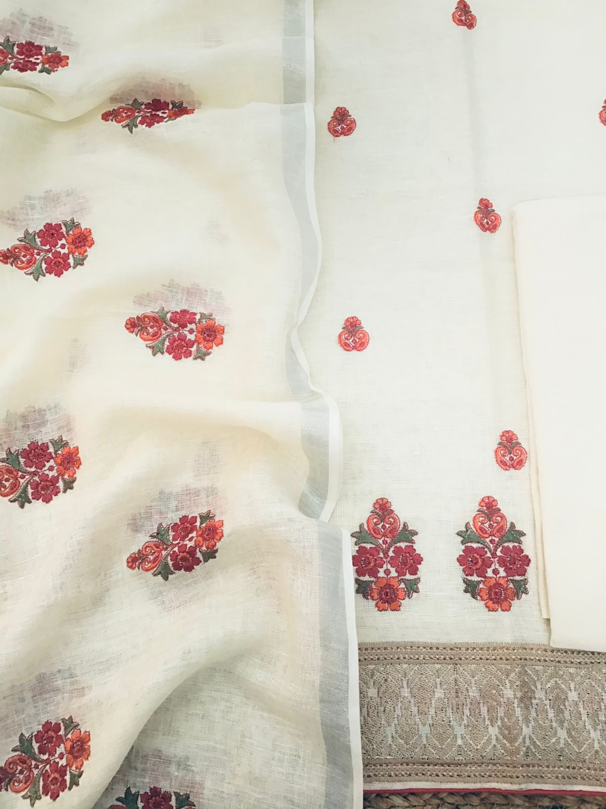 Pure Linen Jute Cotton Embroidered Suit - Offwhite
