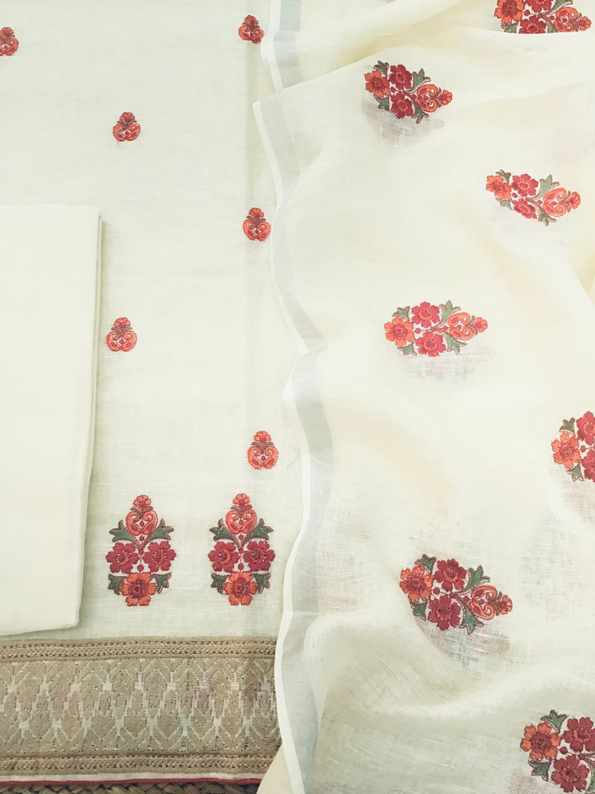 Pure Linen Jute Cotton Embroidered Suit - Offwhite