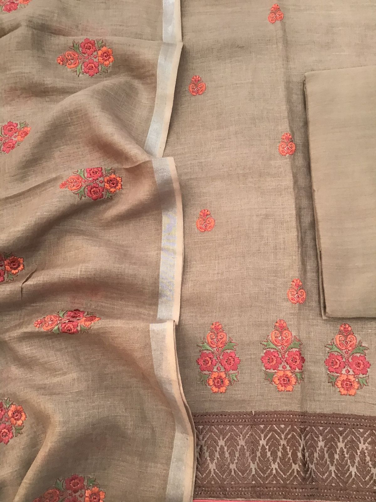 Pure Linen Jute Cotton Embroidered Suit - Brown