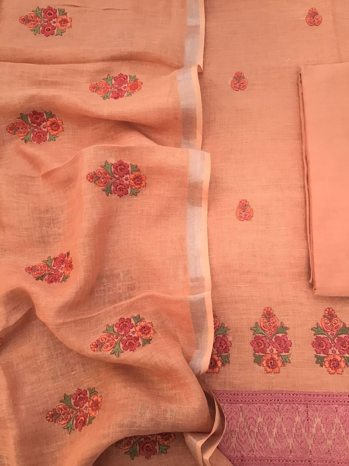 Pure Linen Jute Cotton Embroidered Suit - Peach