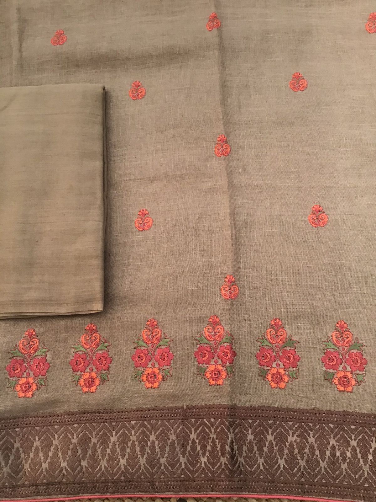 Pure Linen Jute Cotton Embroidered Suit - Brown