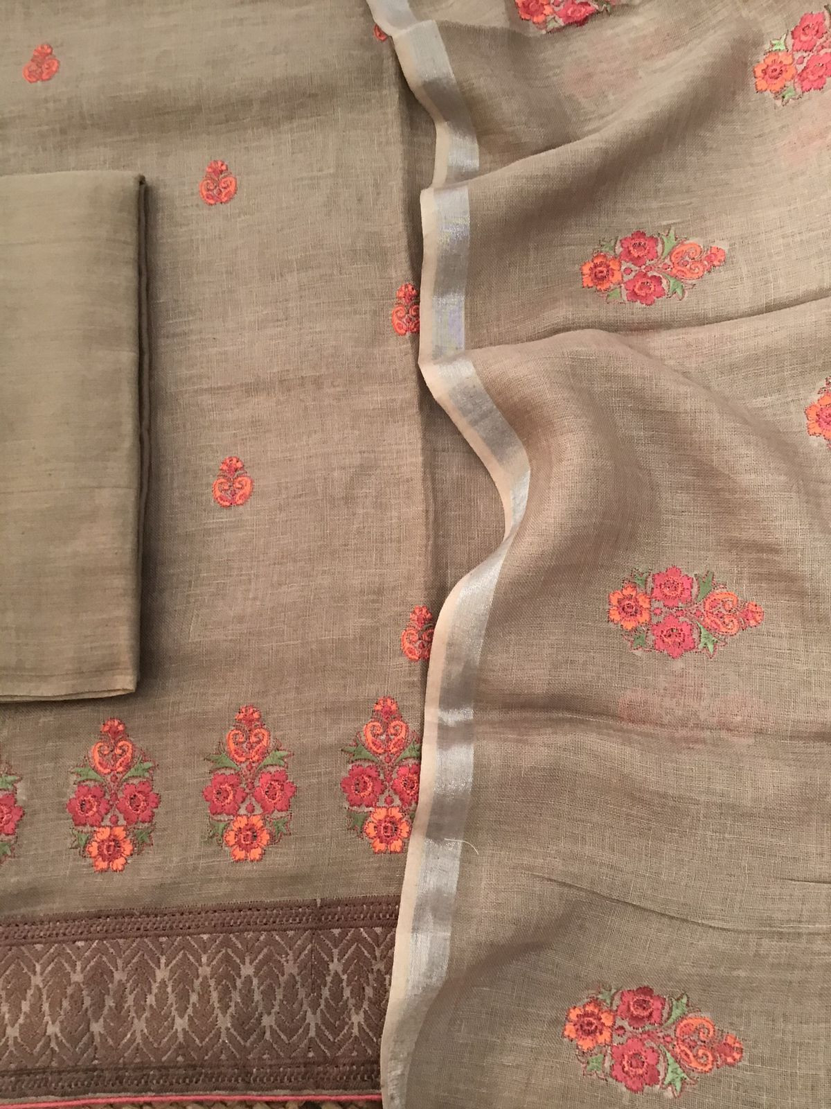 Pure Linen Jute Cotton Embroidered Suit - Brown