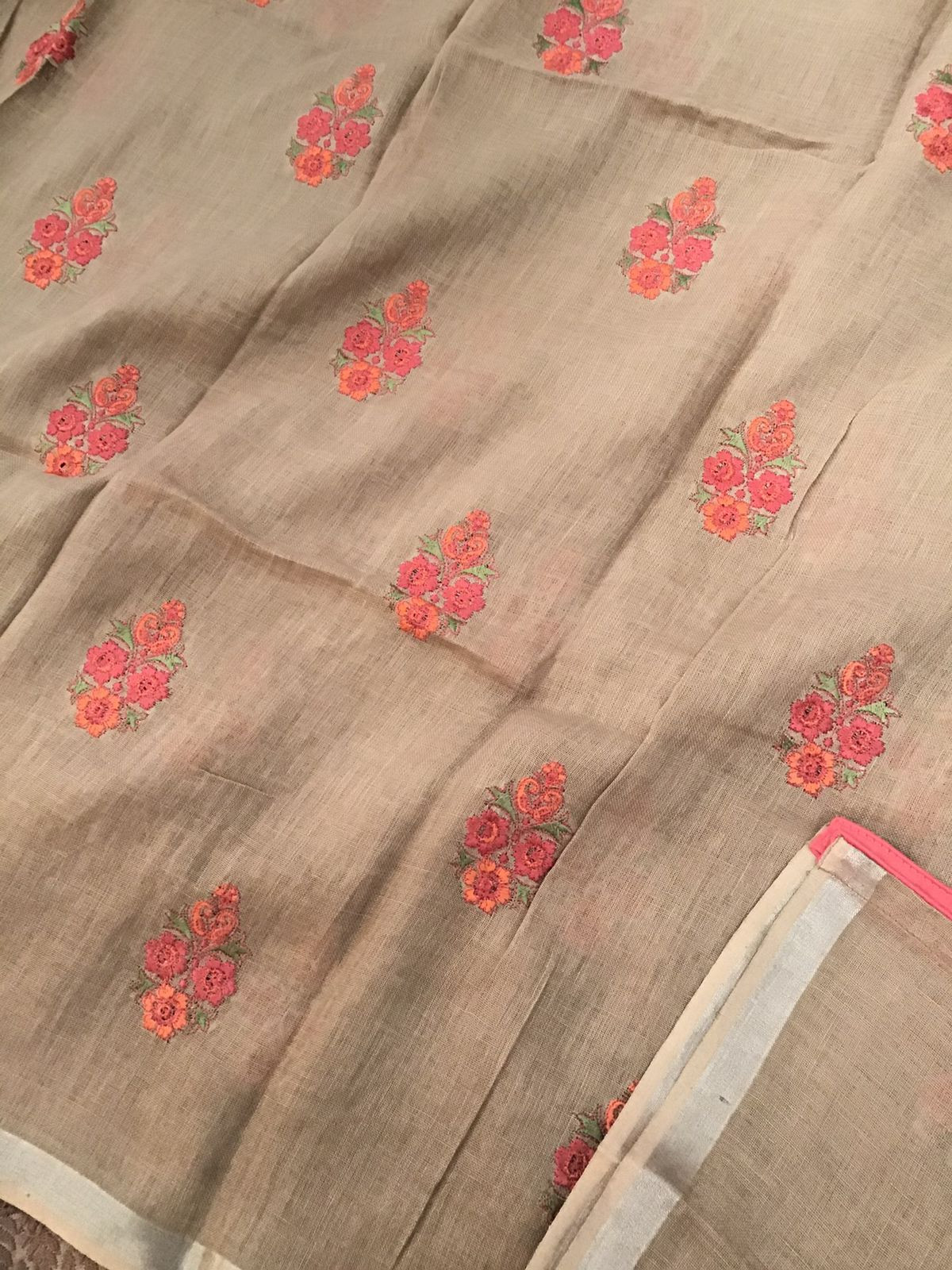 Pure Linen Jute Cotton Embroidered Suit - Brown