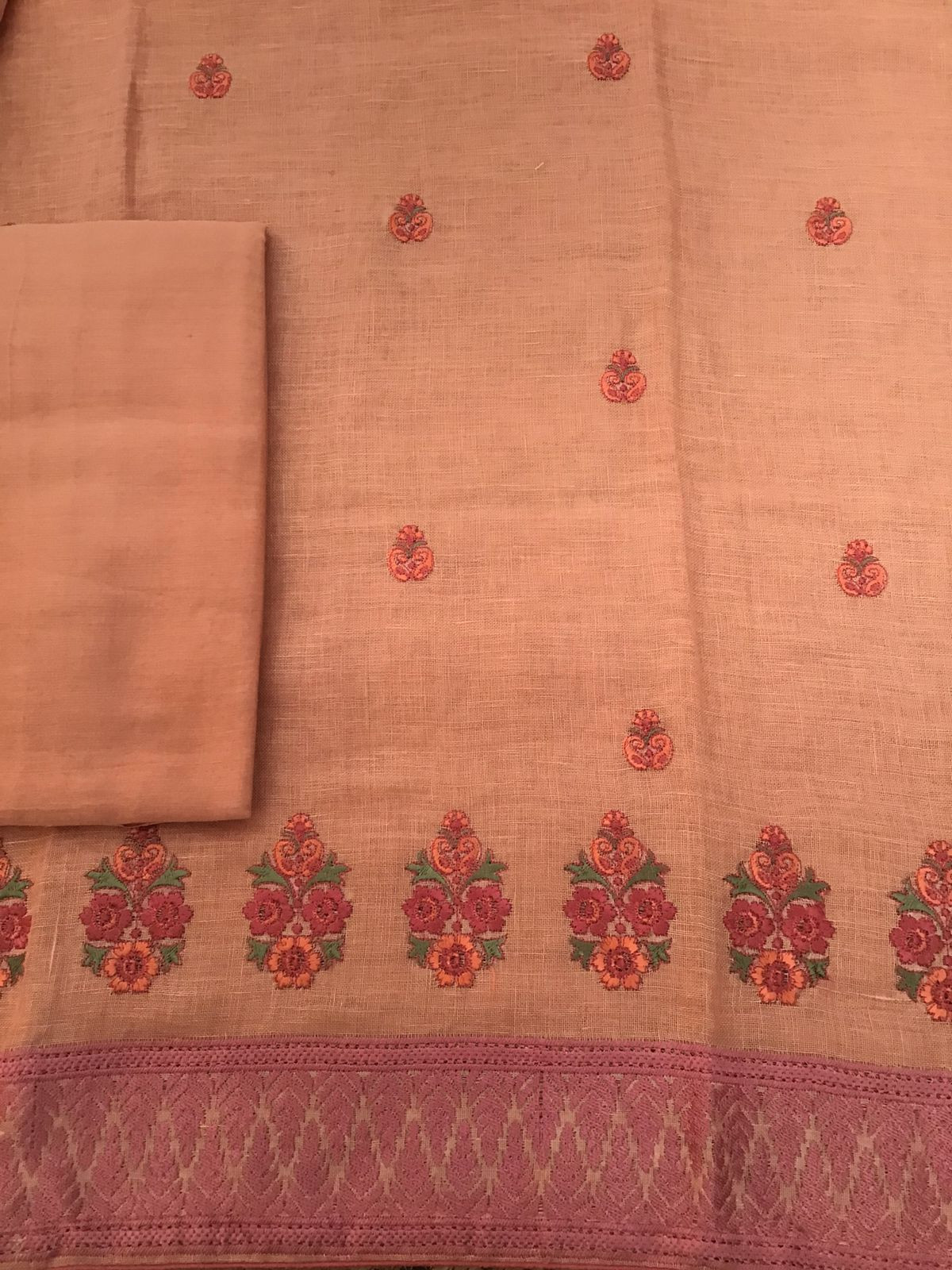 Pure Linen Jute Cotton Embroidered Suit - Peach