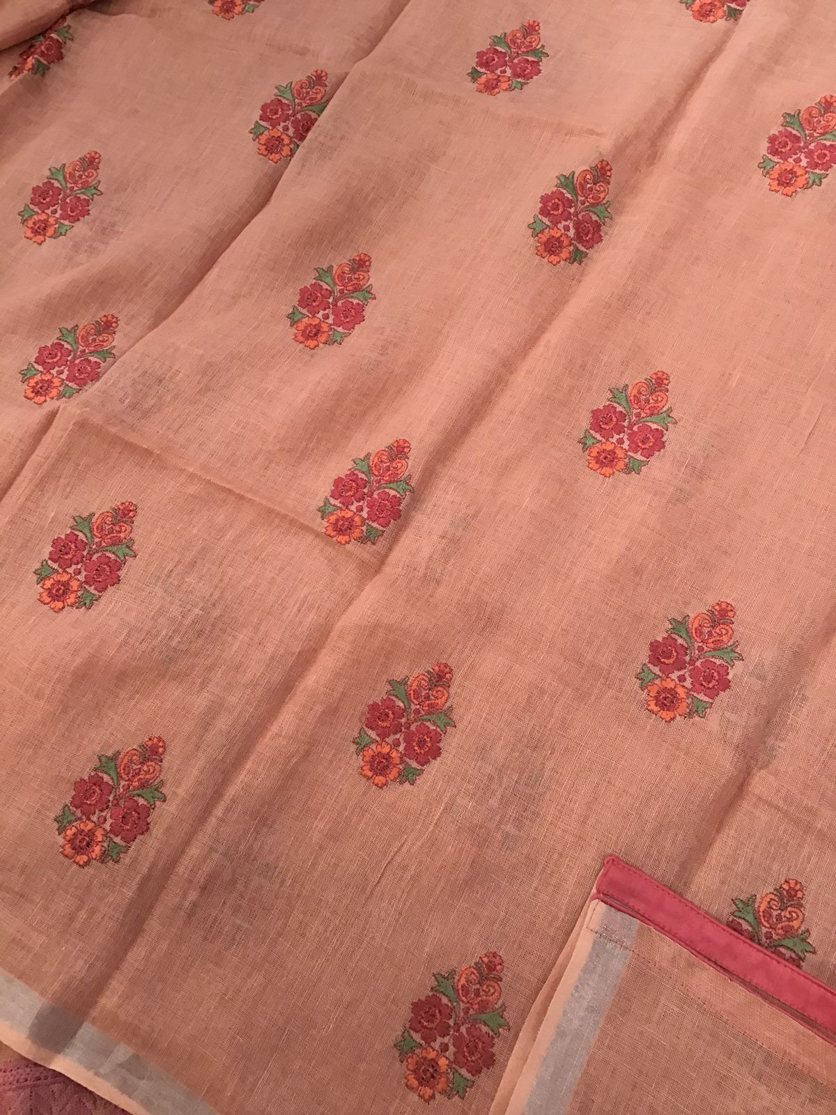 Pure Linen Jute Cotton Embroidered Suit - Peach