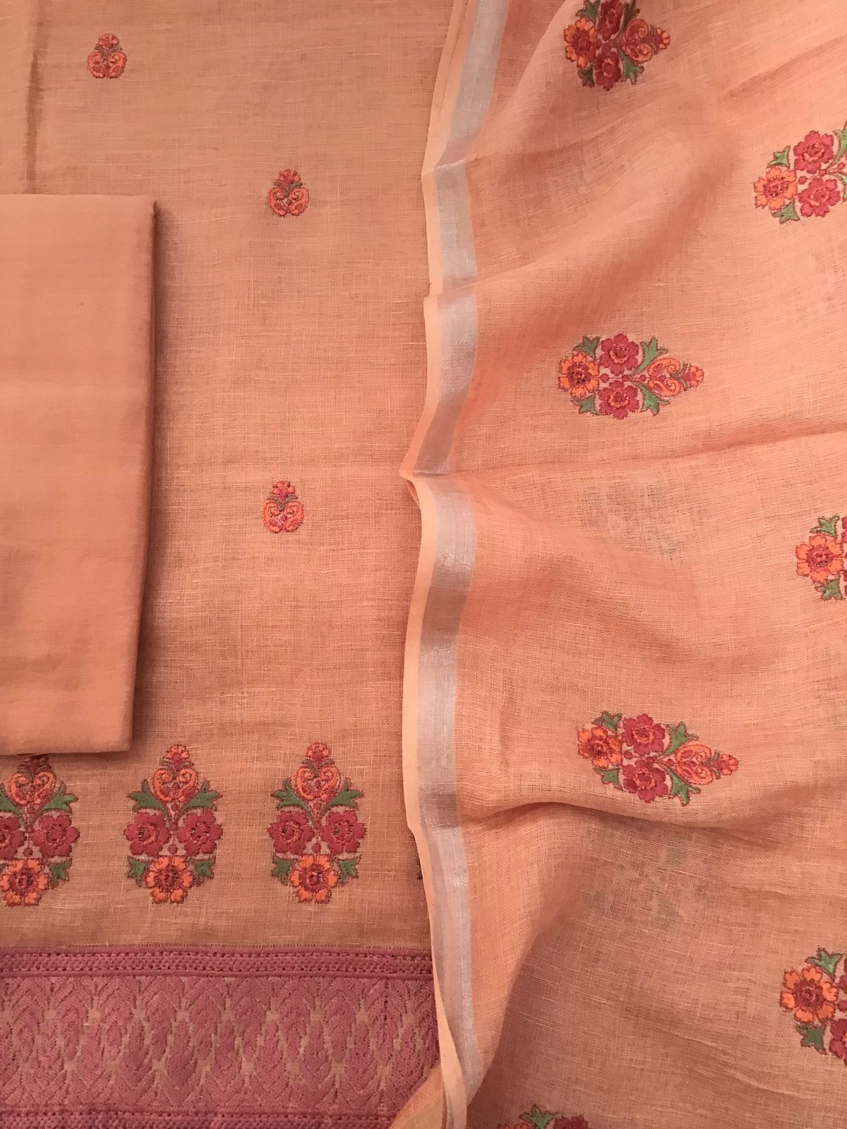 Pure Linen Jute Cotton Embroidered Suit - Peach