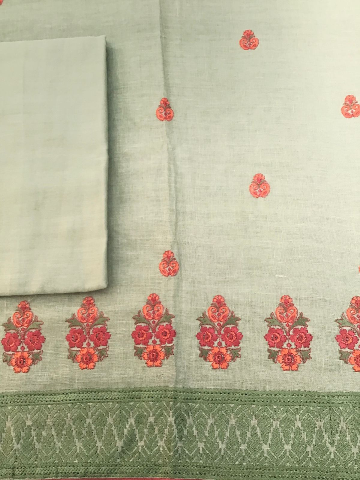 Pure Linen Jute Cotton Embroidered Suit - Green