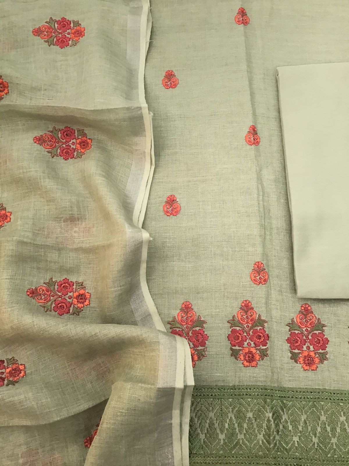 Pure Linen Jute Cotton Embroidered Suit - Green