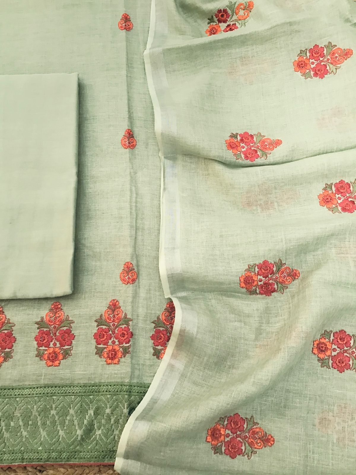 Pure Linen Jute Cotton Embroidered Suit - Green
