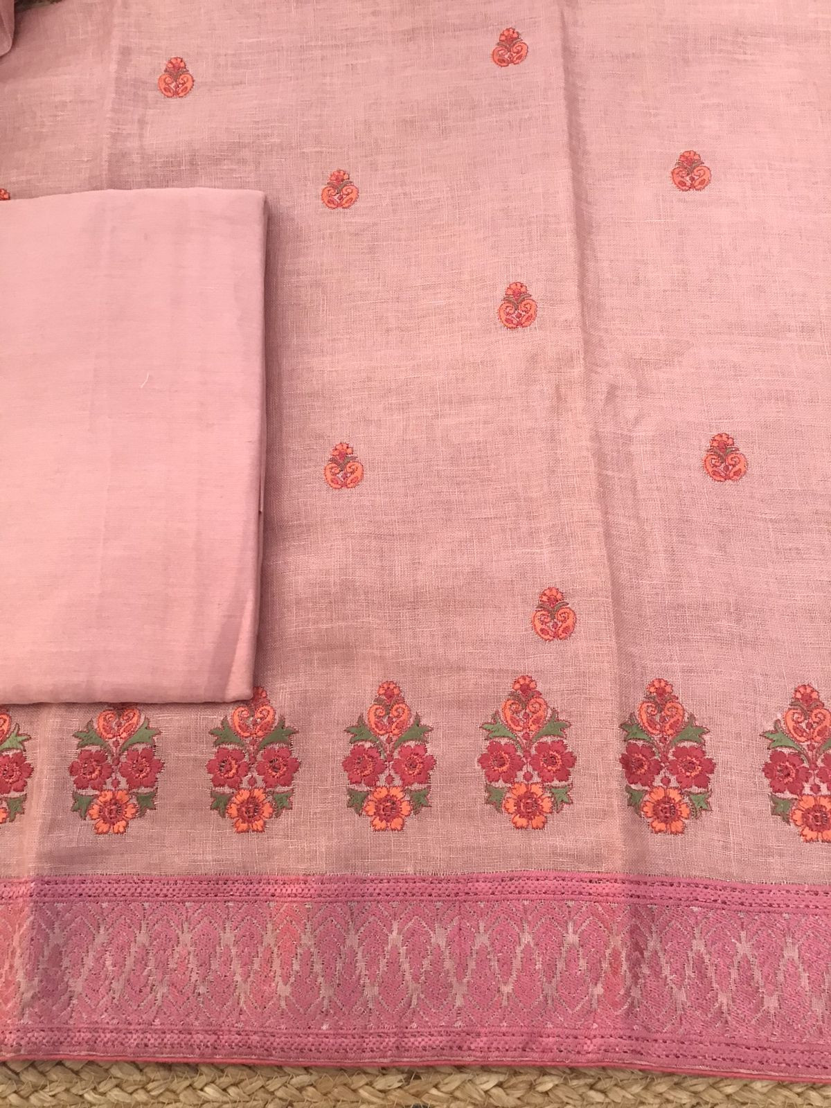 Pure Linen Jute Cotton Embroidered Suit - Pink