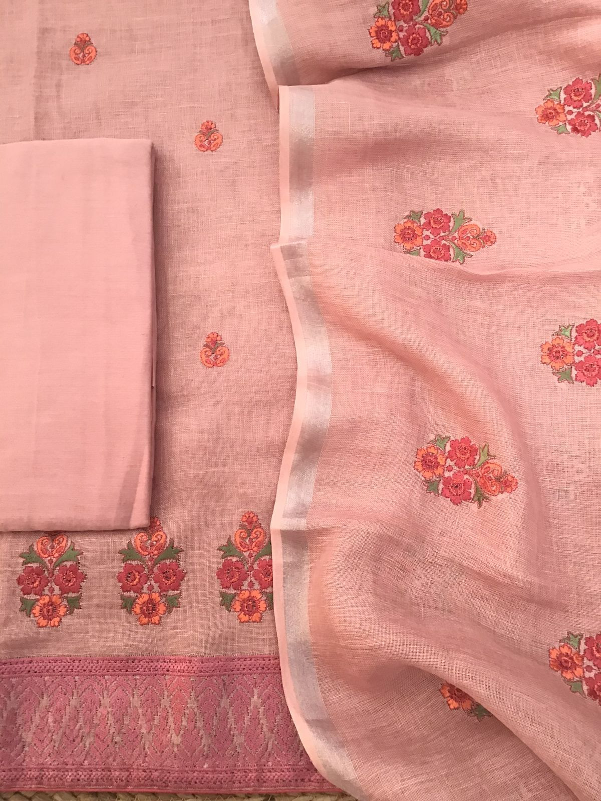 Pure Linen Jute Cotton Embroidered Suit - Pink
