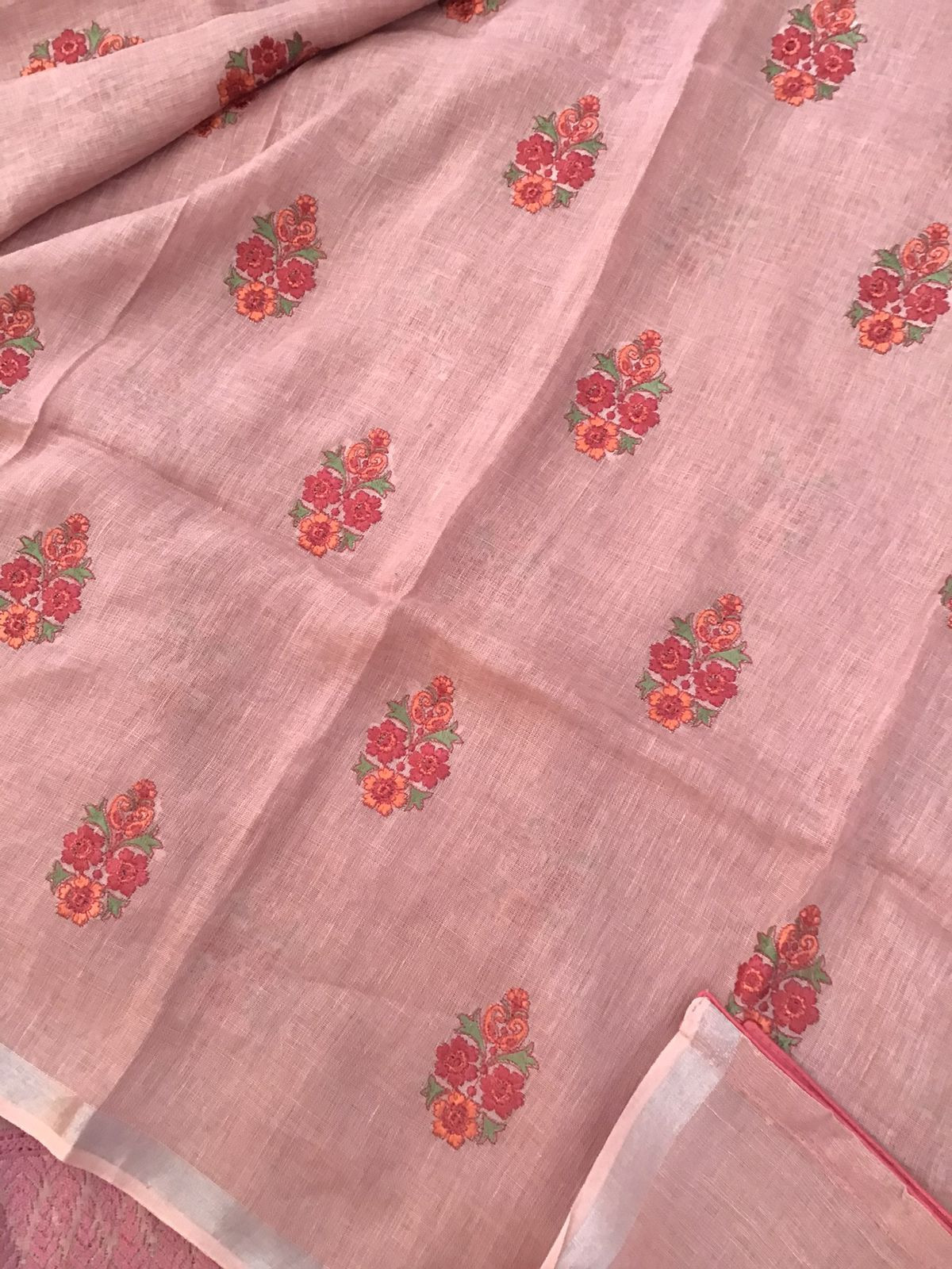 Pure Linen Jute Cotton Embroidered Suit - Pink