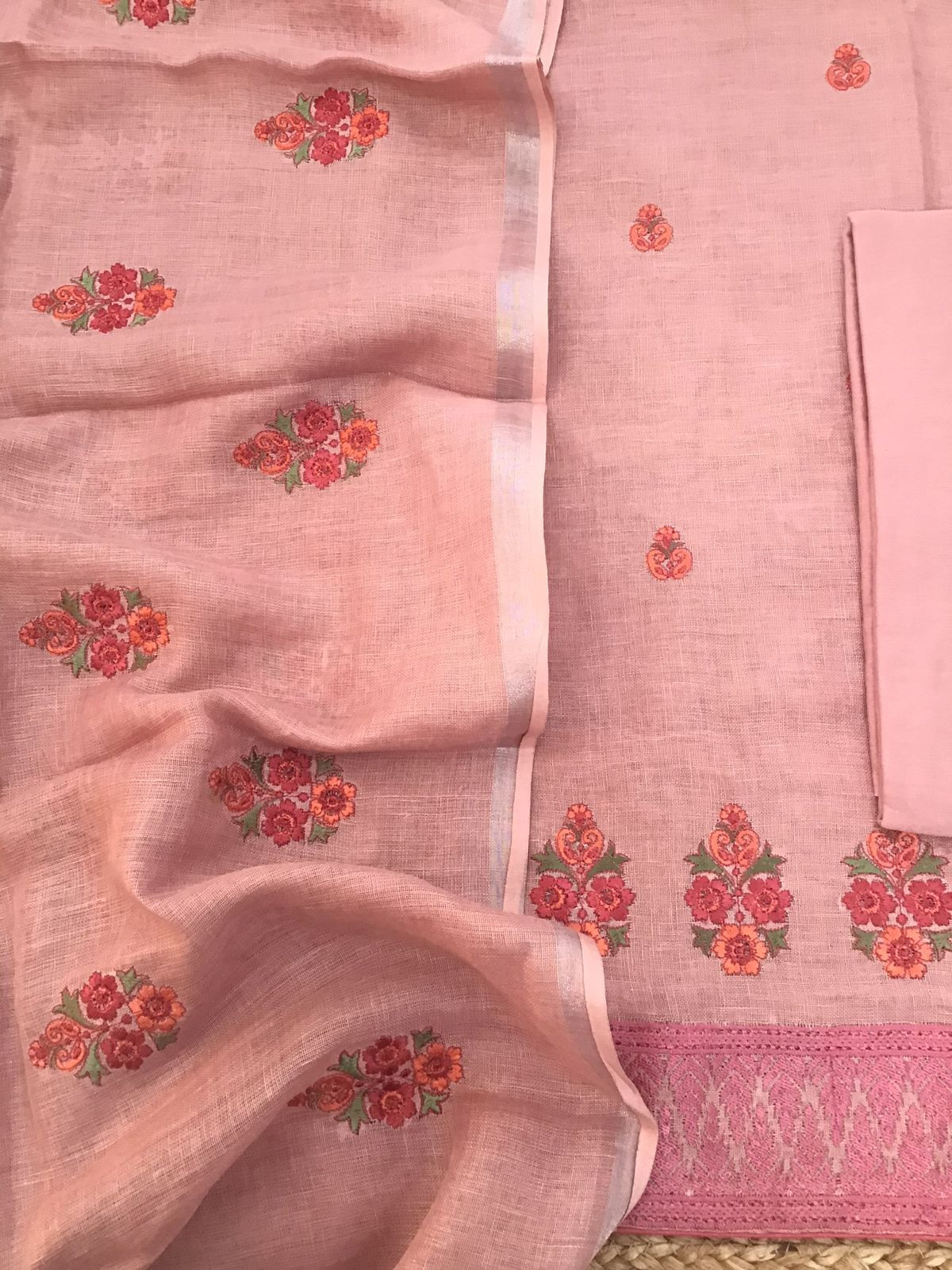 Pure Linen Jute Cotton Embroidered Suit - Pink