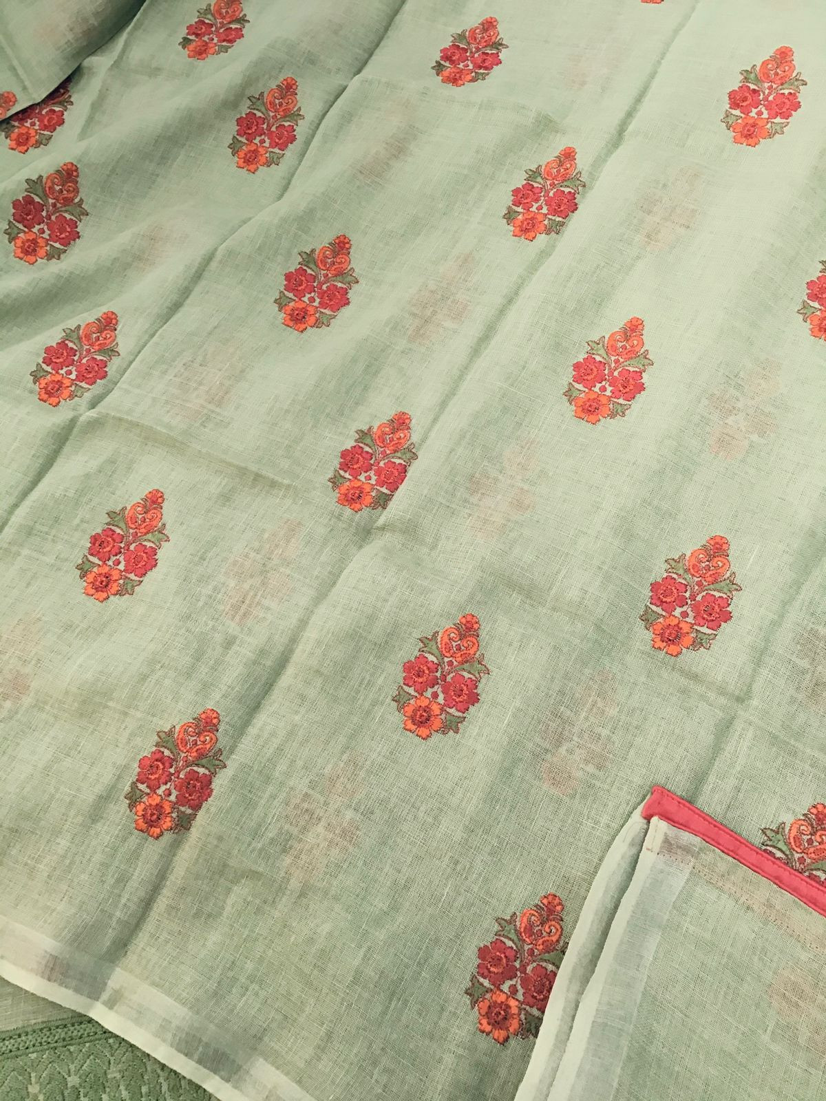 Pure Linen Jute Cotton Embroidered Suit - Green