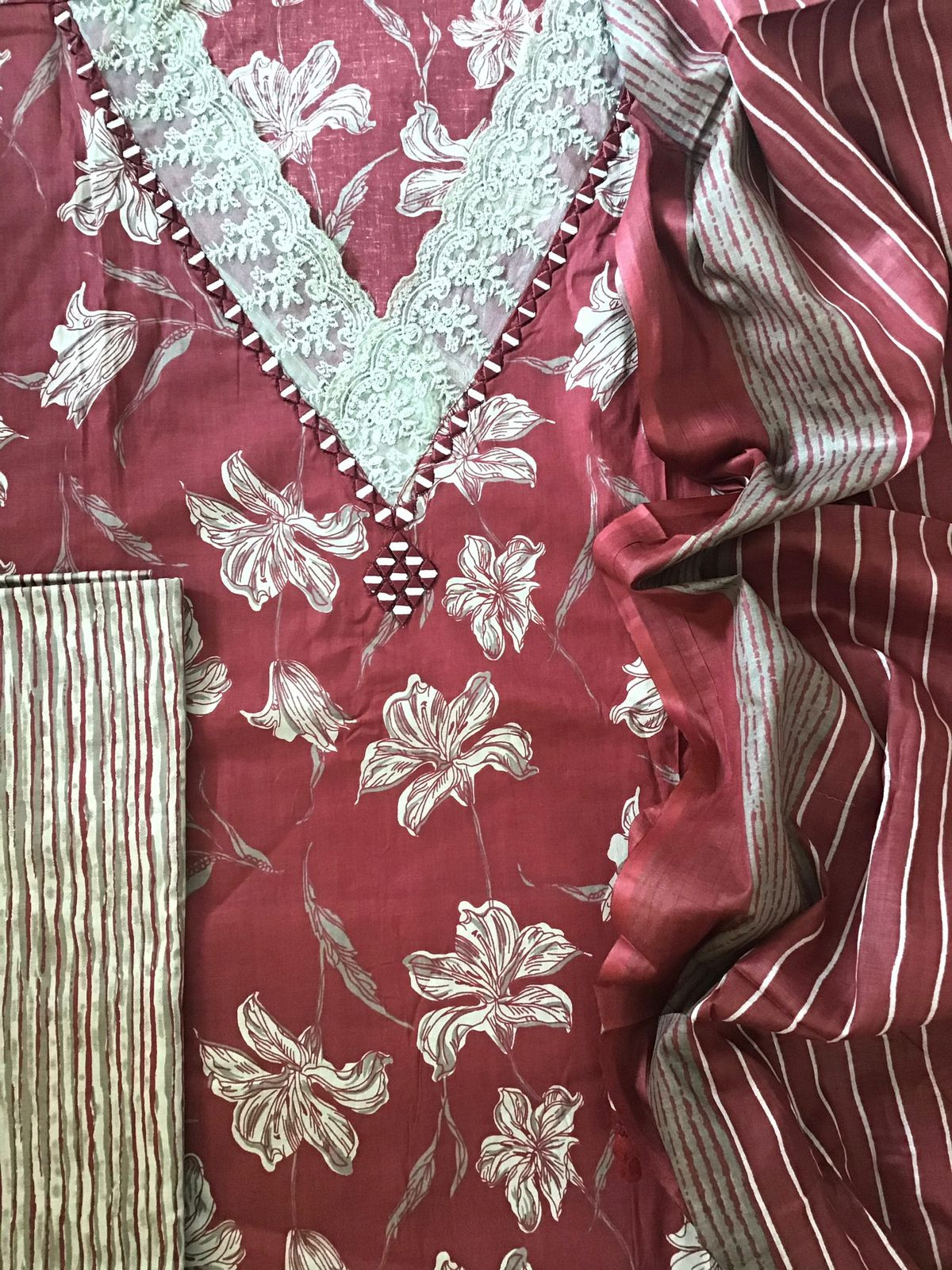 Pure Cotton Printed Embroidered Suit - Maroon