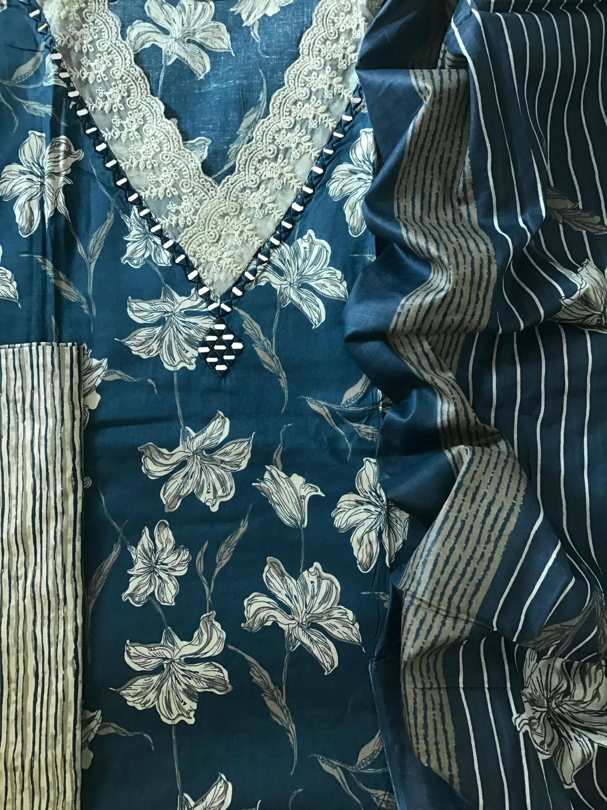 Pure Cotton Printed Embroidered Suit - Blue