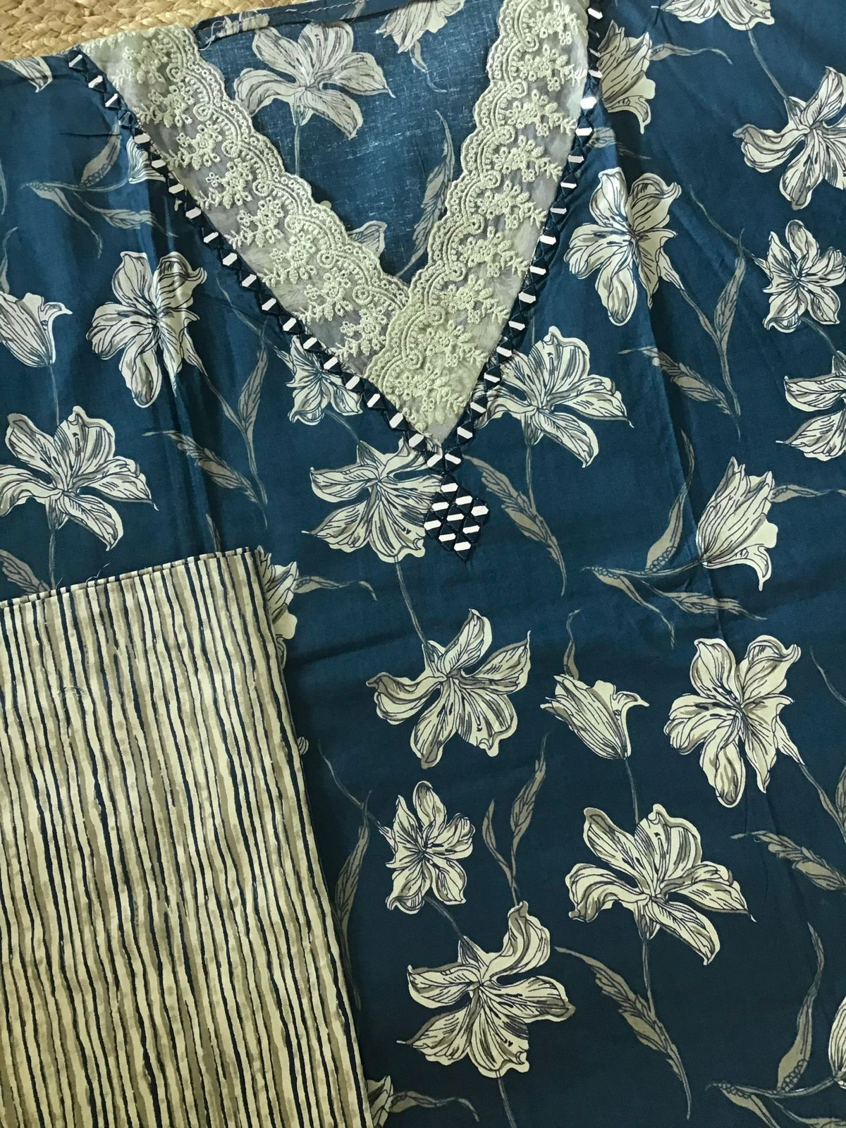 Pure Cotton Printed Embroidered Suit - Blue