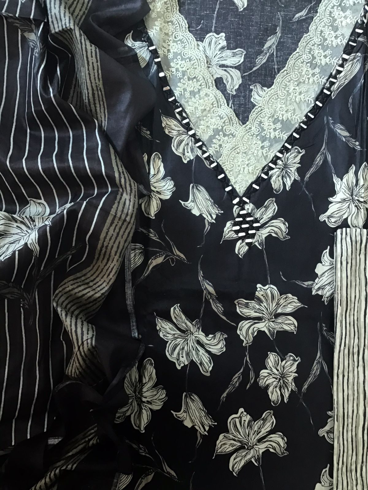 Pure Cotton Printed Embroidered Suit - Black