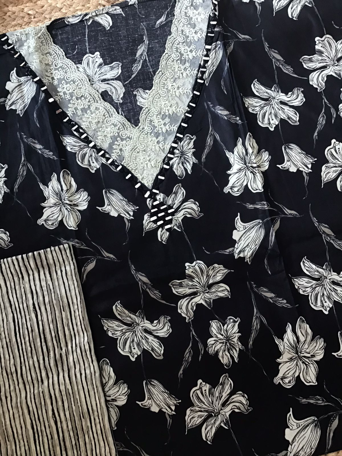 Pure Cotton Printed Embroidered Suit - Black