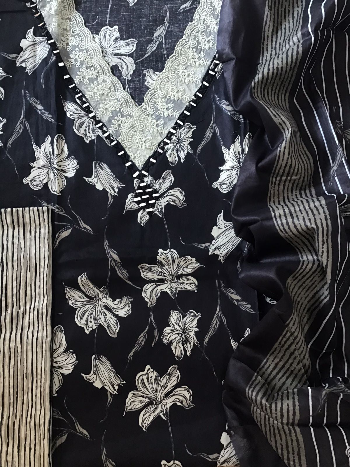 Pure Cotton Printed Embroidered Suit - Black