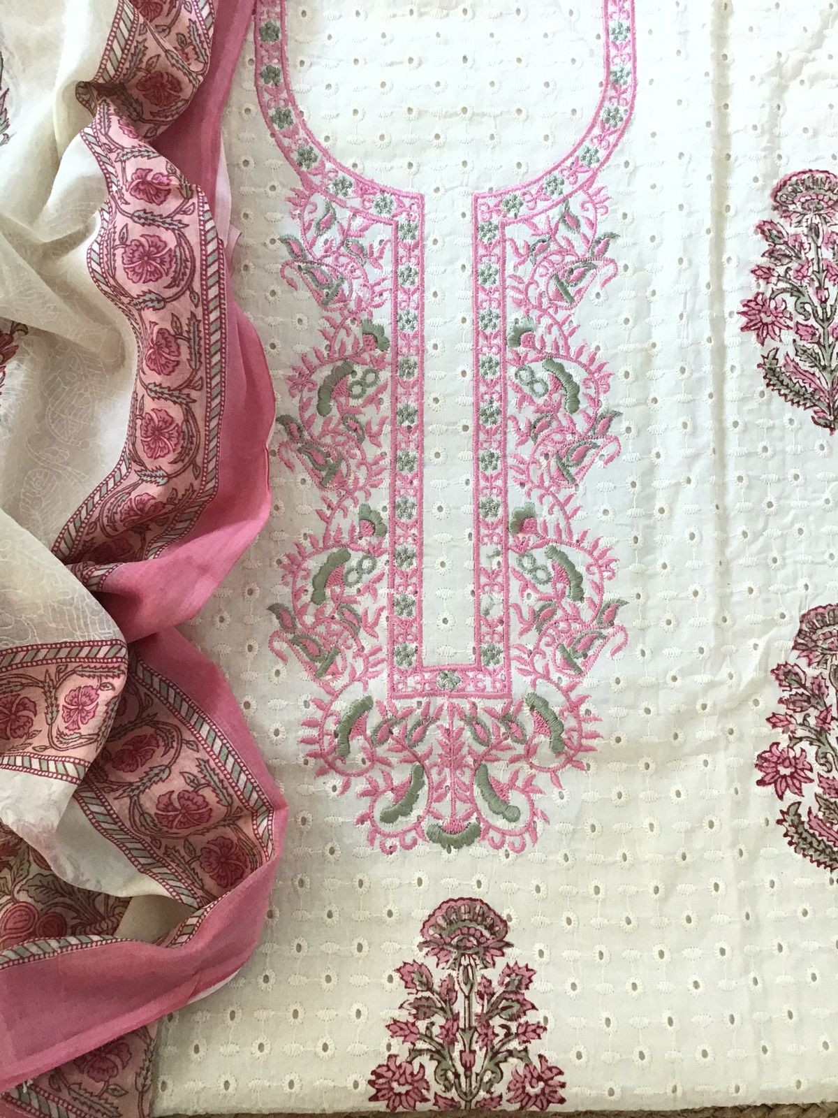 Pure Cotton Printed Embroidered Suit - Offwhite