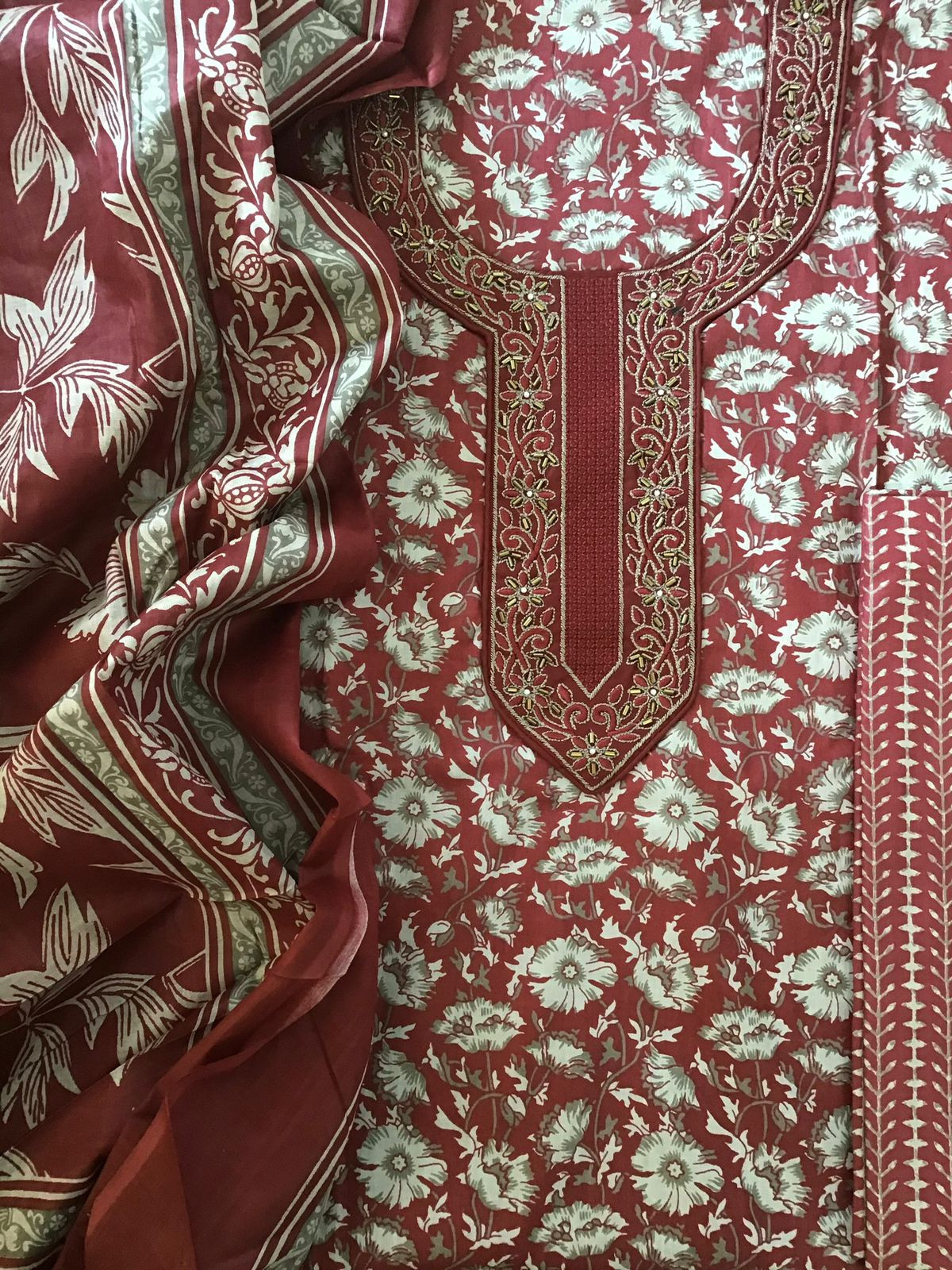 Pure Cotton Printed Embroidered Suit - Maroon