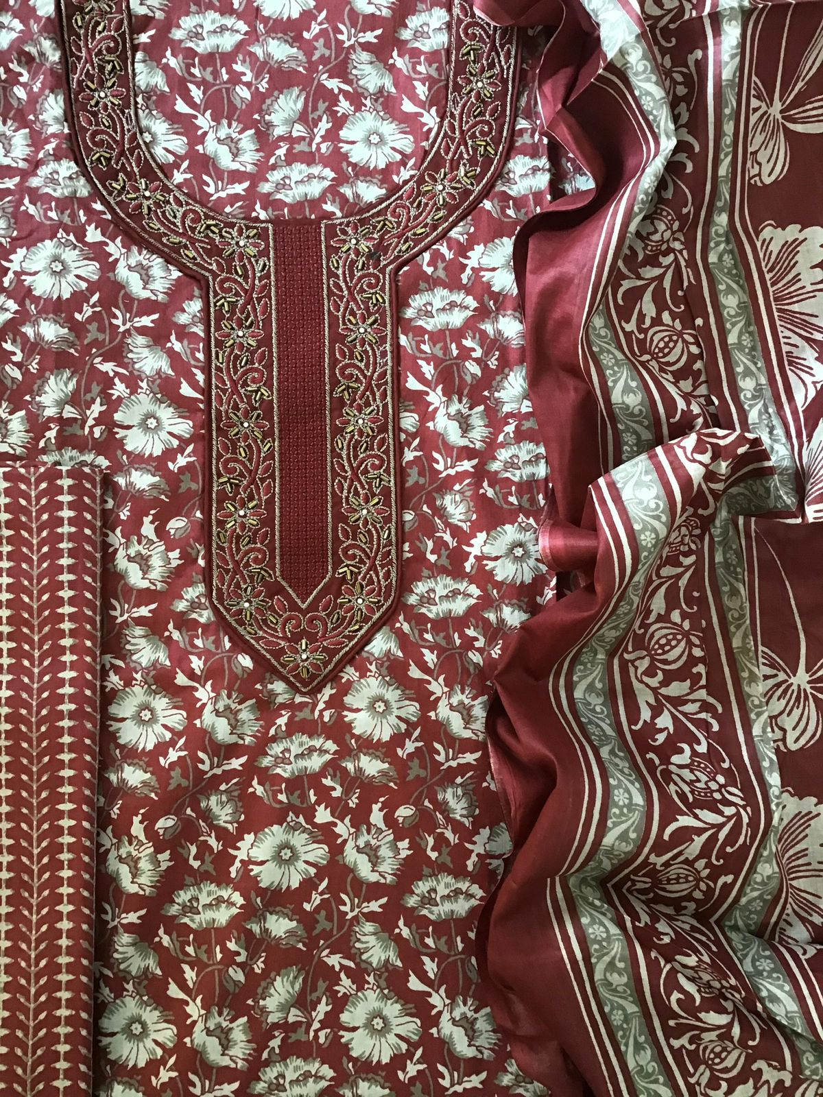 Pure Cotton Printed Embroidered Suit - Maroon
