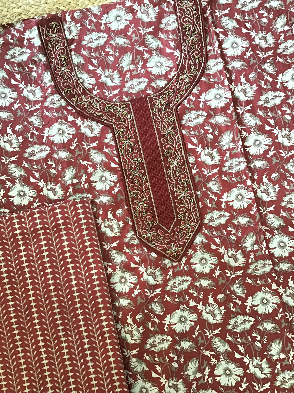 Pure Cotton Printed Embroidered Suit - Maroon