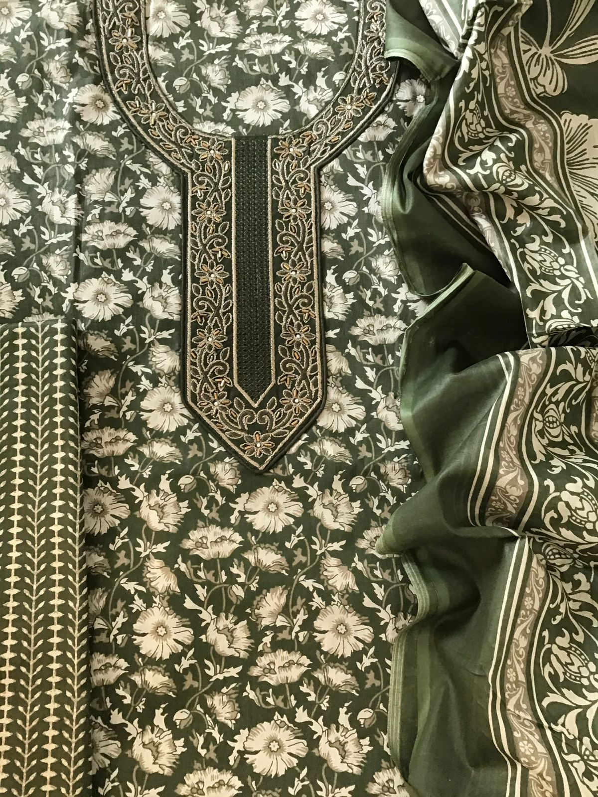 Pure Cotton Printed Embroidered Suit - Green