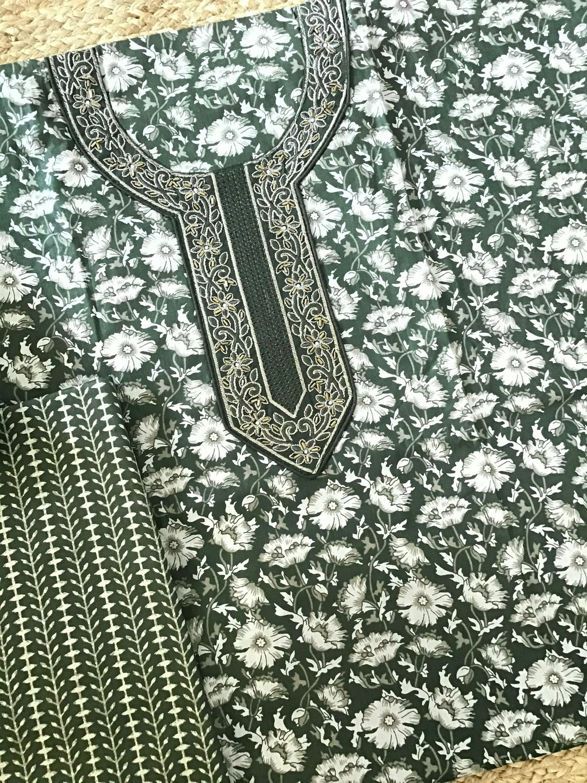 Pure Cotton Printed Embroidered Suit - Green