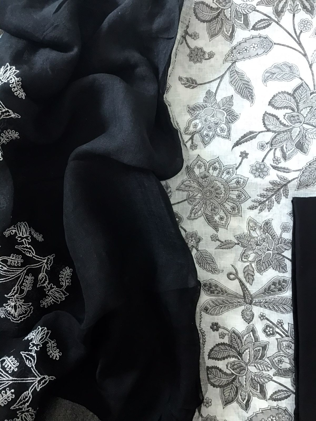 Pure Linen Jute Cotton Printed Embroidered Suit - White