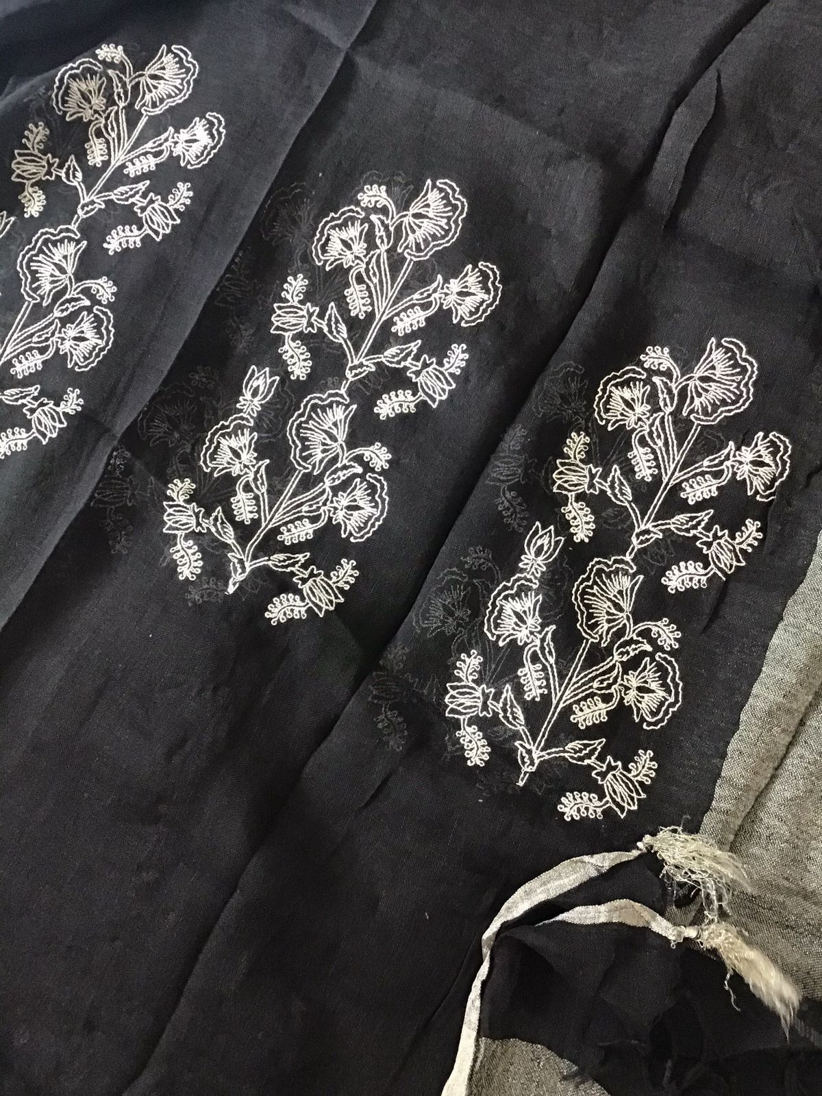 Pure Linen Jute Cotton Printed Embroidered Suit - White