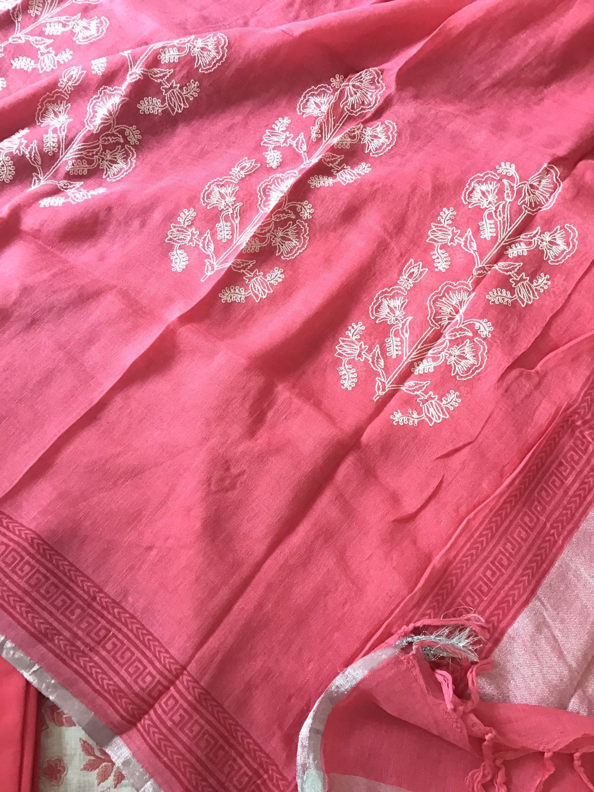 Pure Linen Jute Cotton Printed Embroidered Suit - White