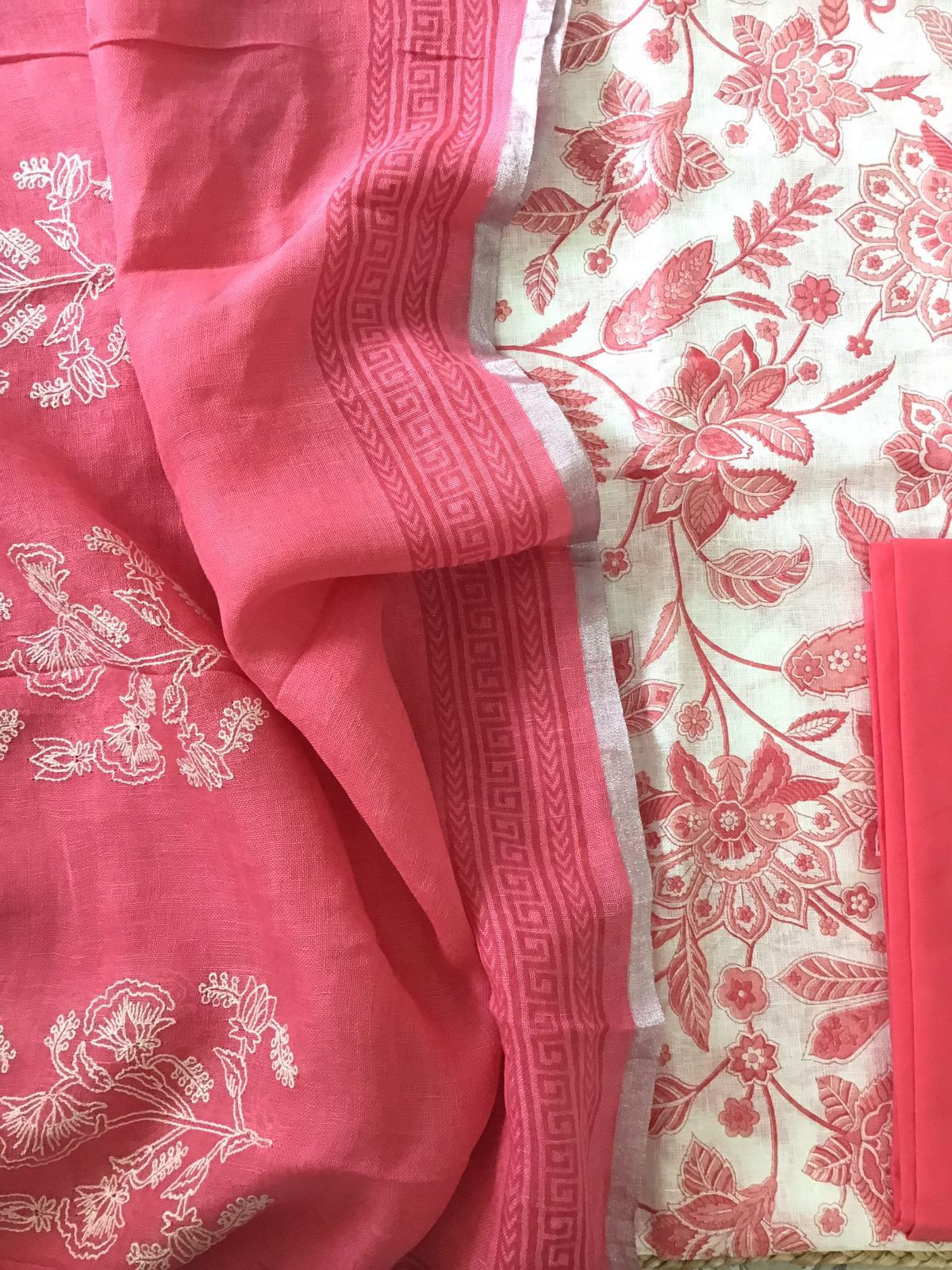 Pure Linen Jute Cotton Printed Embroidered Suit - White