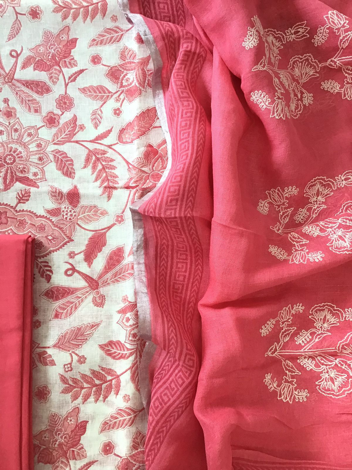 Pure Linen Jute Cotton Printed Embroidered Suit - White