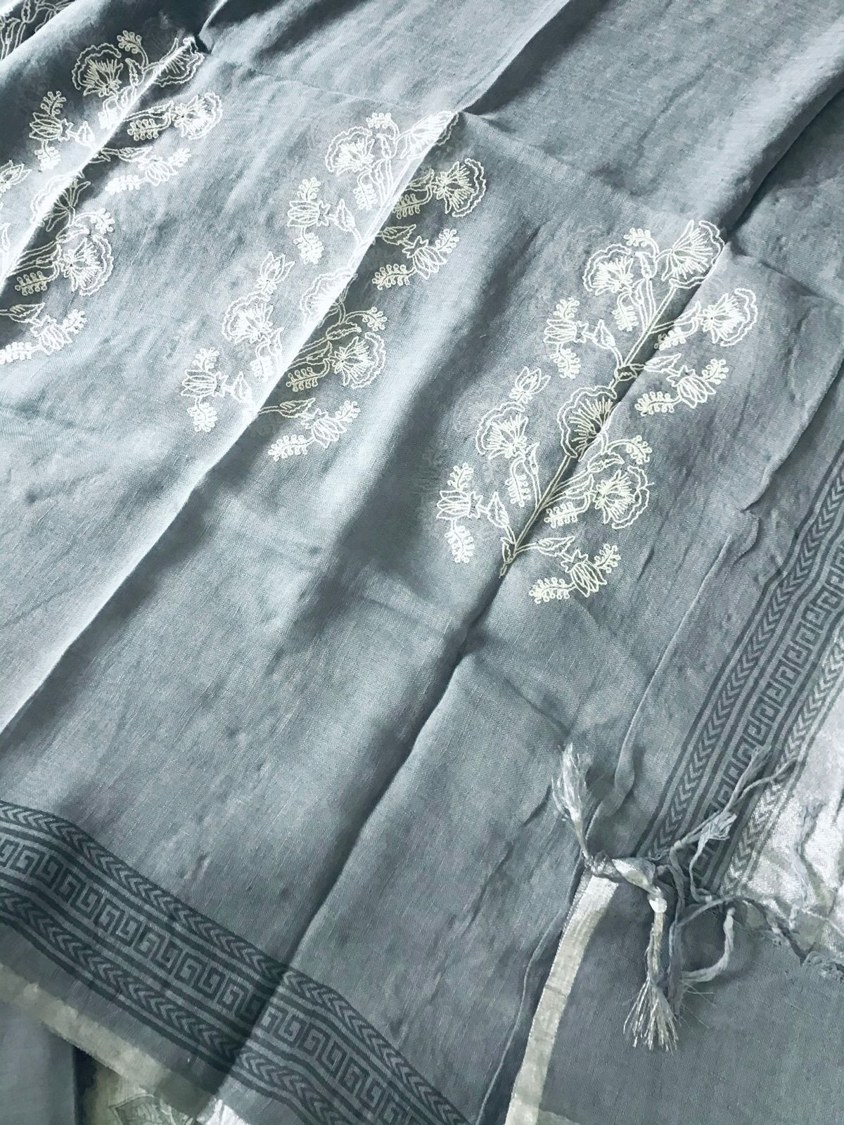 Pure Linen Jute Cotton Printed Embroidered Suit - White