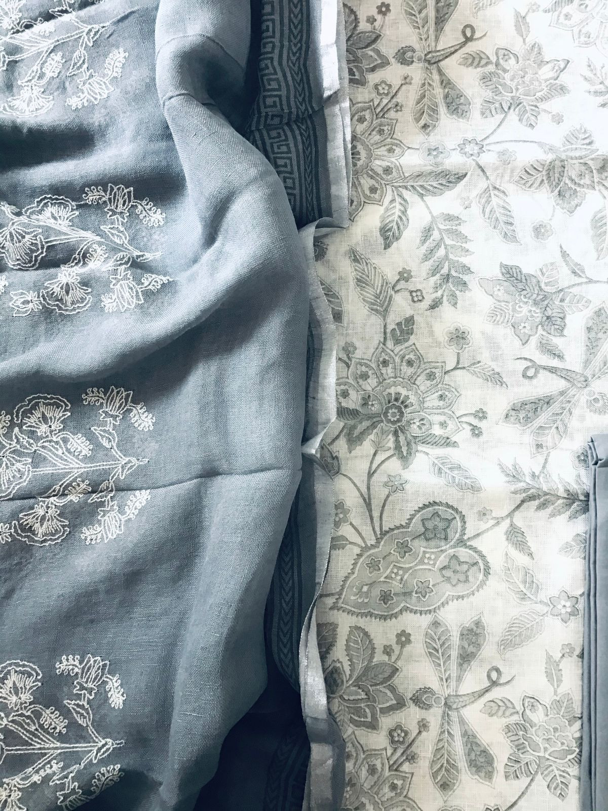 Pure Linen Jute Cotton Printed Embroidered Suit - White