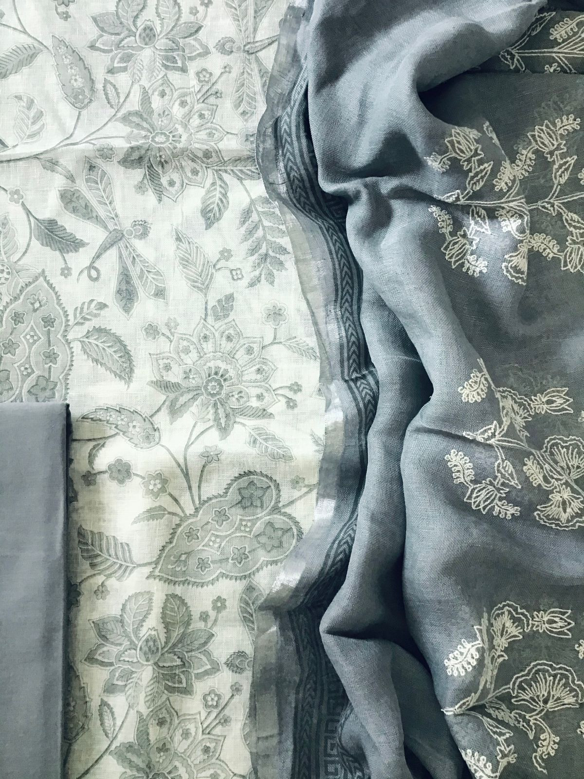 Pure Linen Jute Cotton Printed Embroidered Suit - White