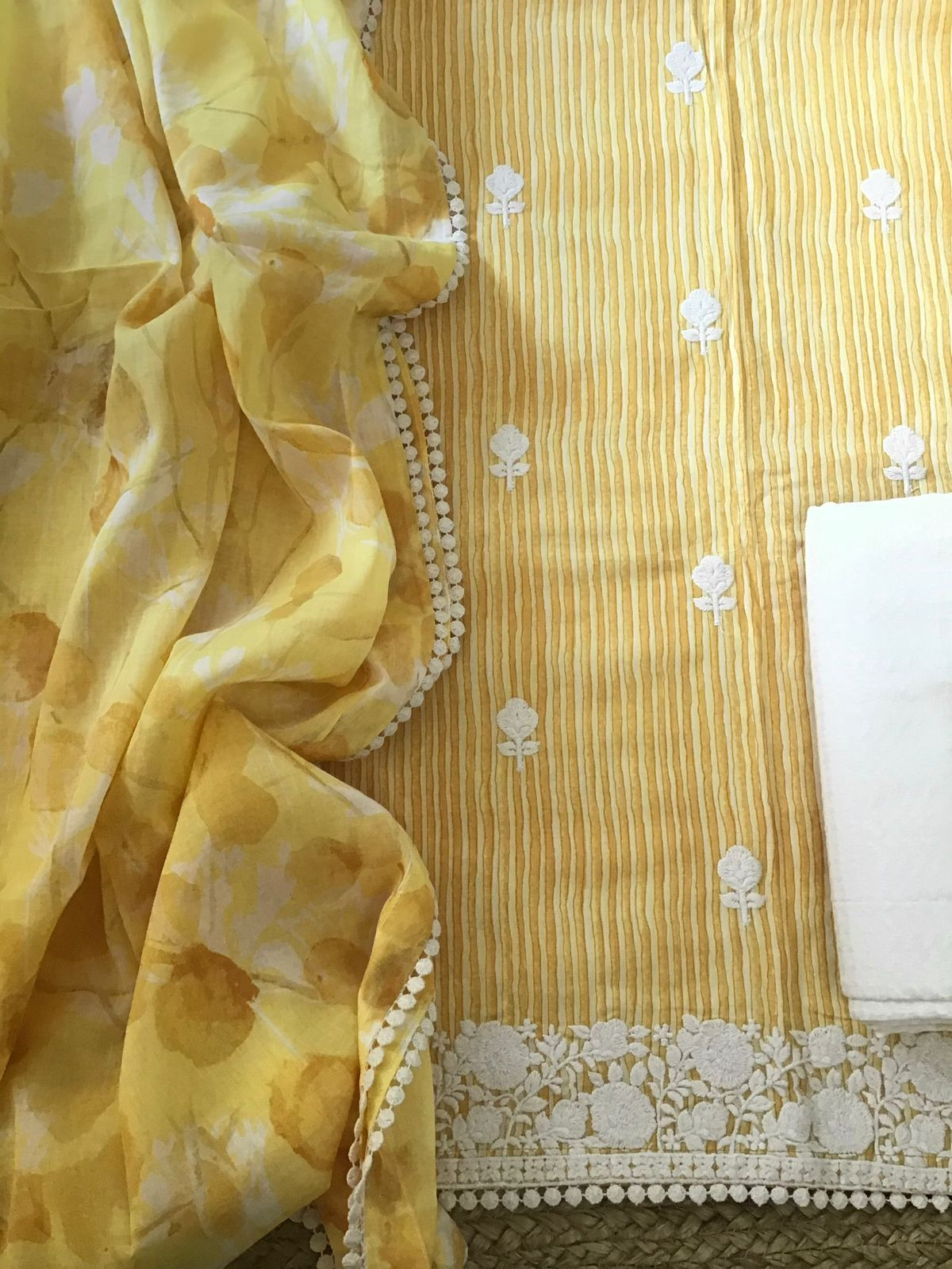 Pure Fine Mul Cotton Printed Embroidered Suit - Yellow