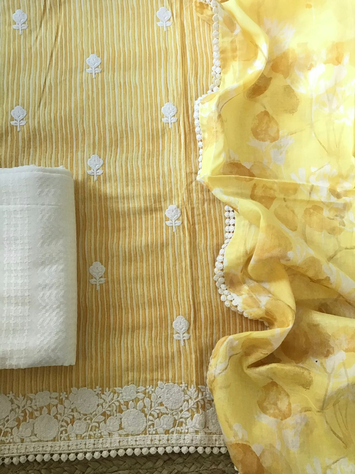 Pure Fine Mul Cotton Printed Embroidered Suit - Yellow