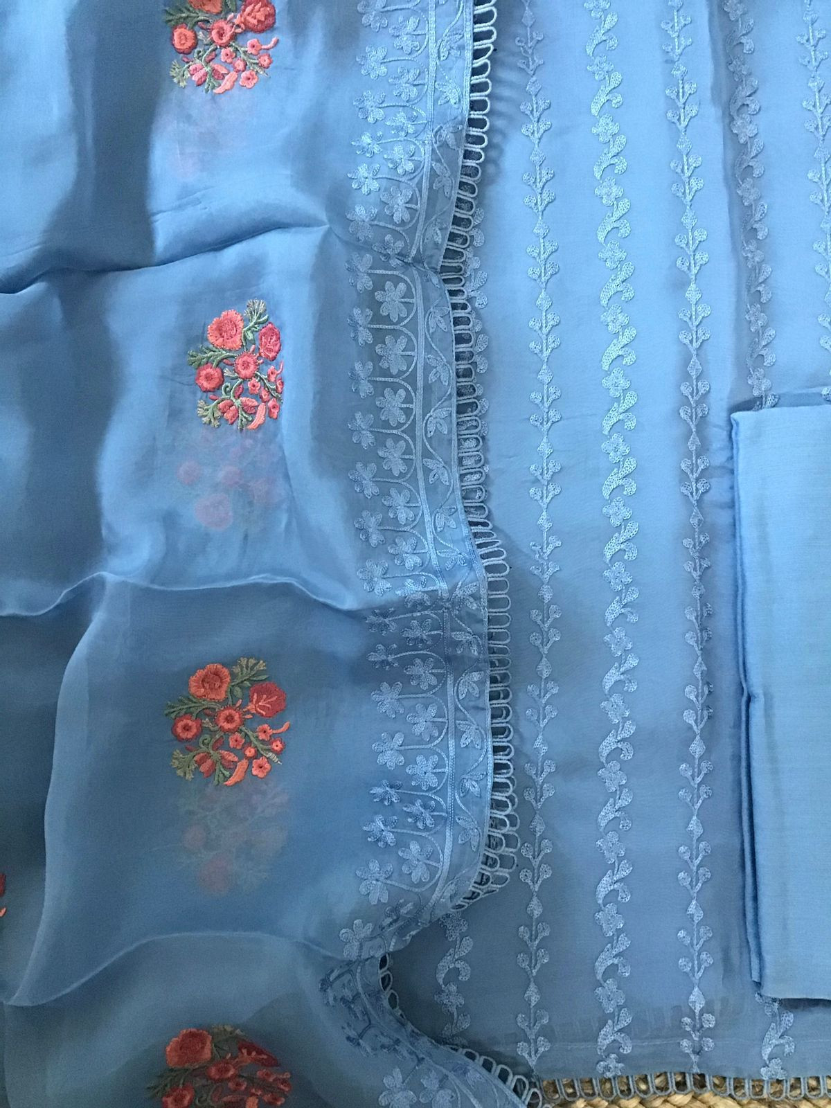 Pure Organza Embroidered Suit - Blue