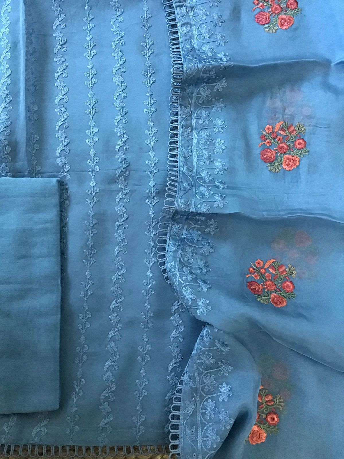 Pure Organza Embroidered Suit - Blue