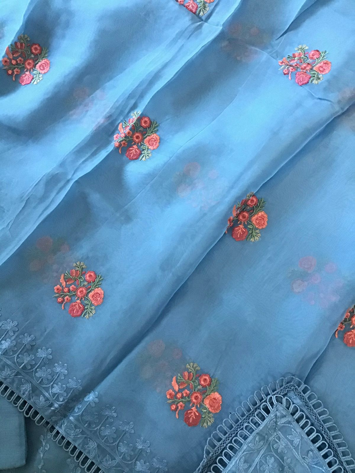 Pure Organza Embroidered Suit - Blue