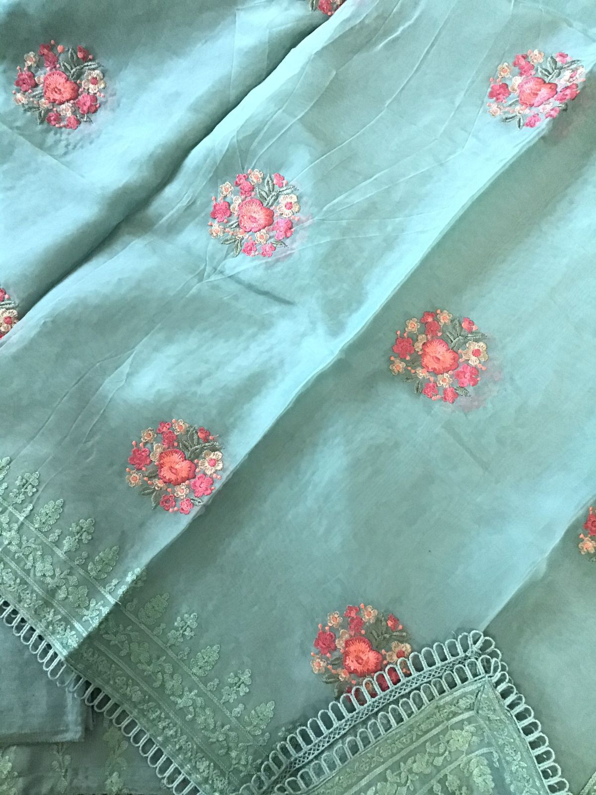 Pure Organza Embroidered Suit - Green