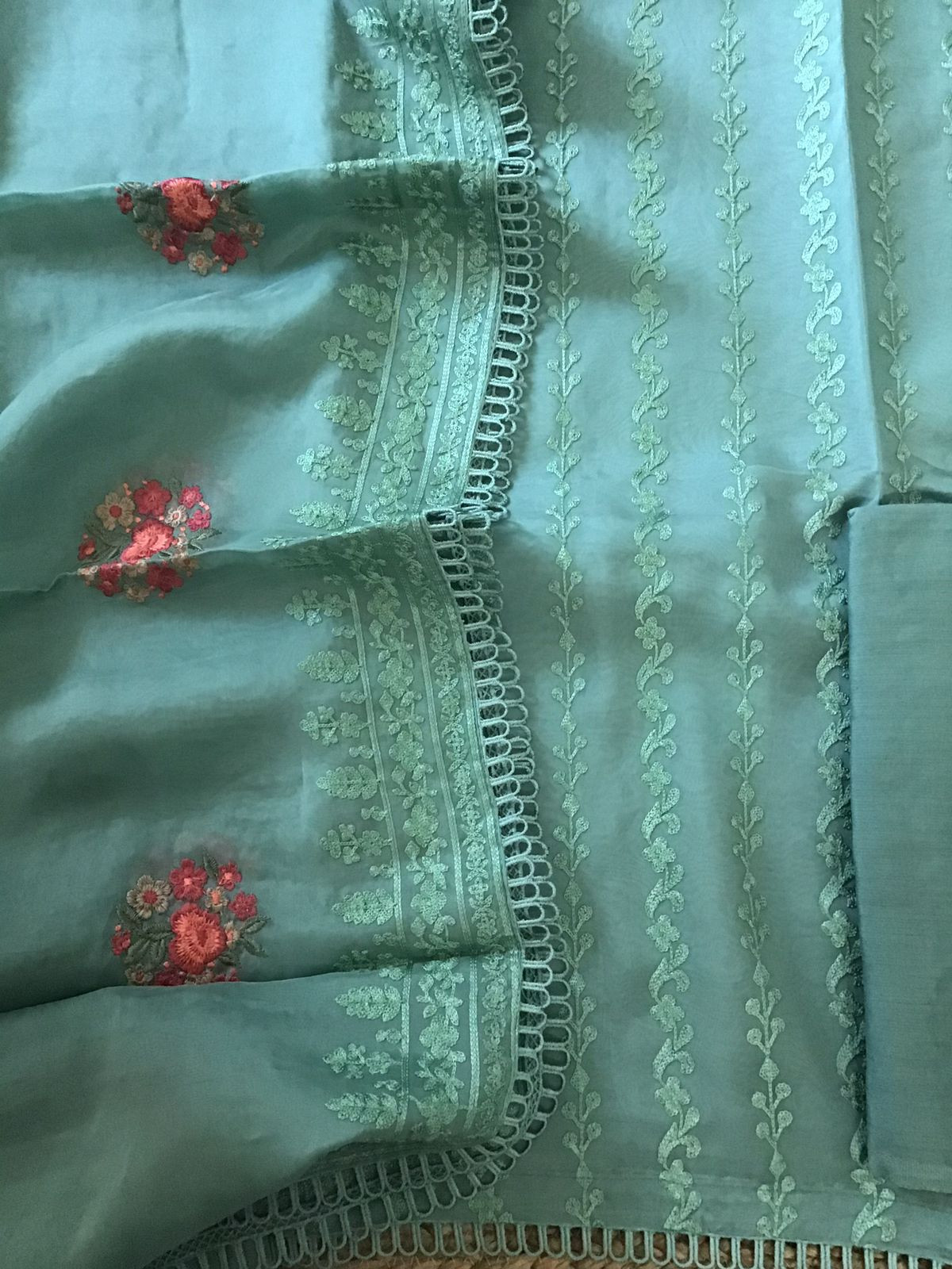 Pure Organza Embroidered Suit - Green