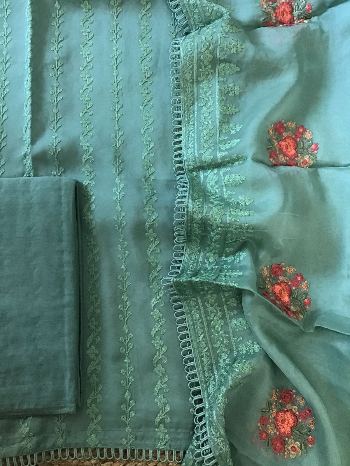 Pure Organza Embroidered Suit - Green