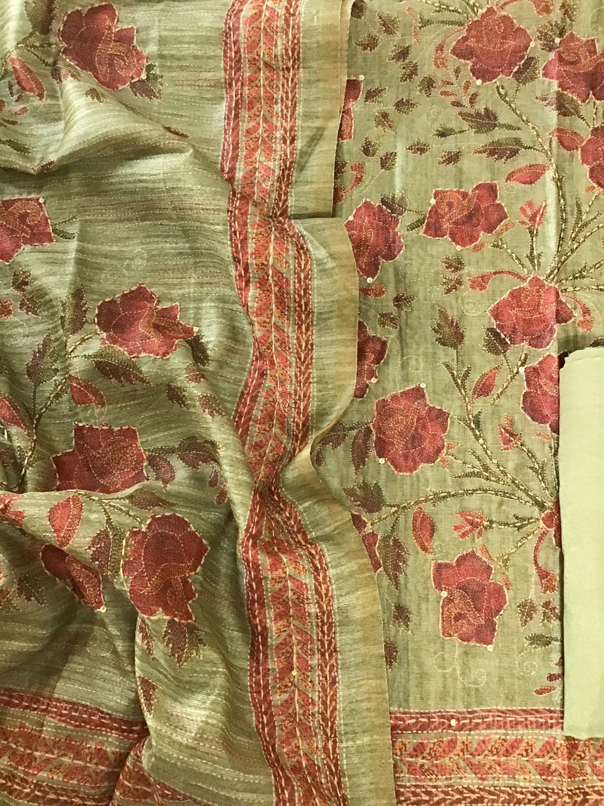 Soft Semi Raw Silk Printed Embroidered Suit - Green