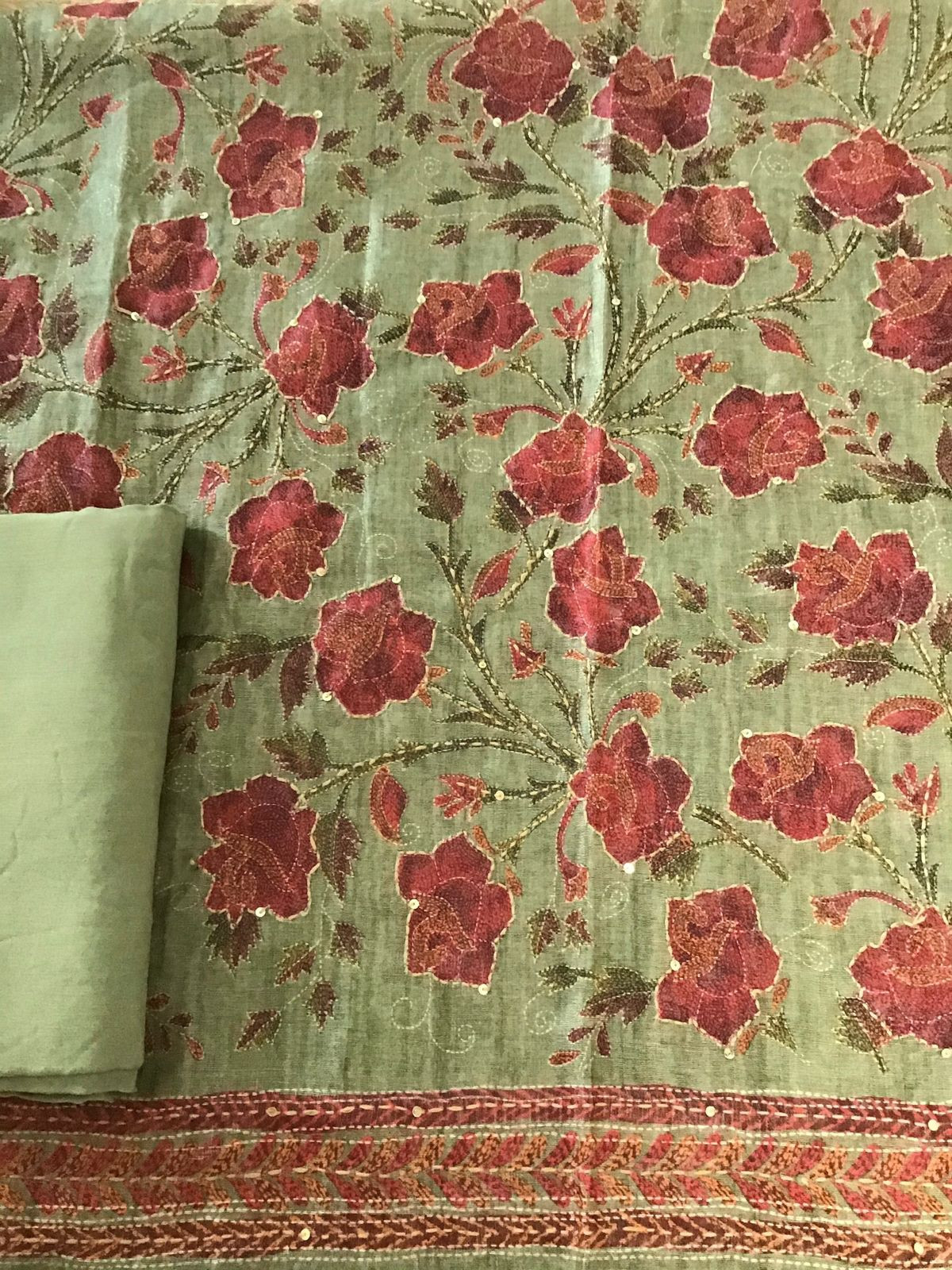 Soft Semi Raw Silk Printed Embroidered Suit - Green