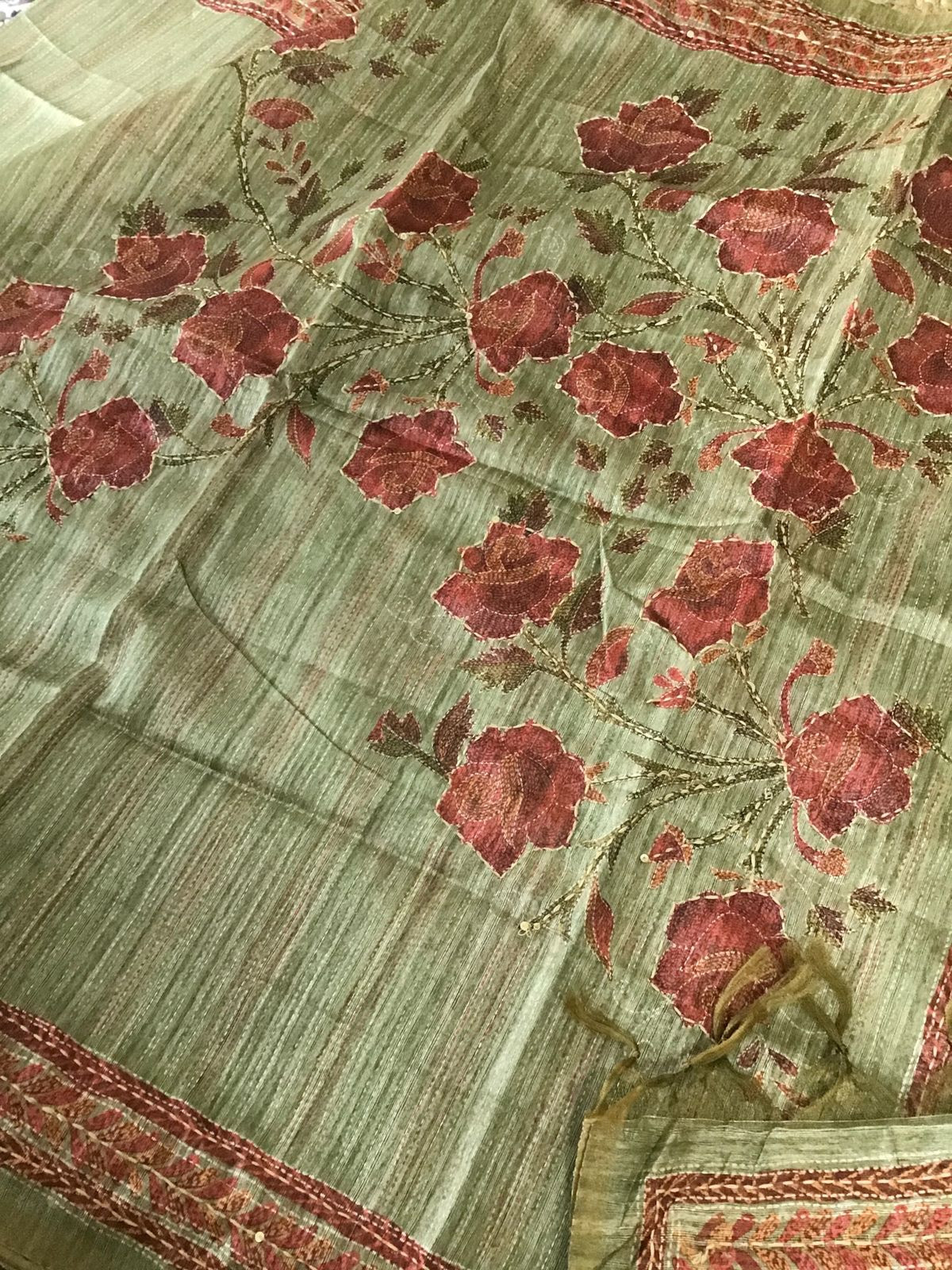 Soft Semi Raw Silk Printed Embroidered Suit - Green