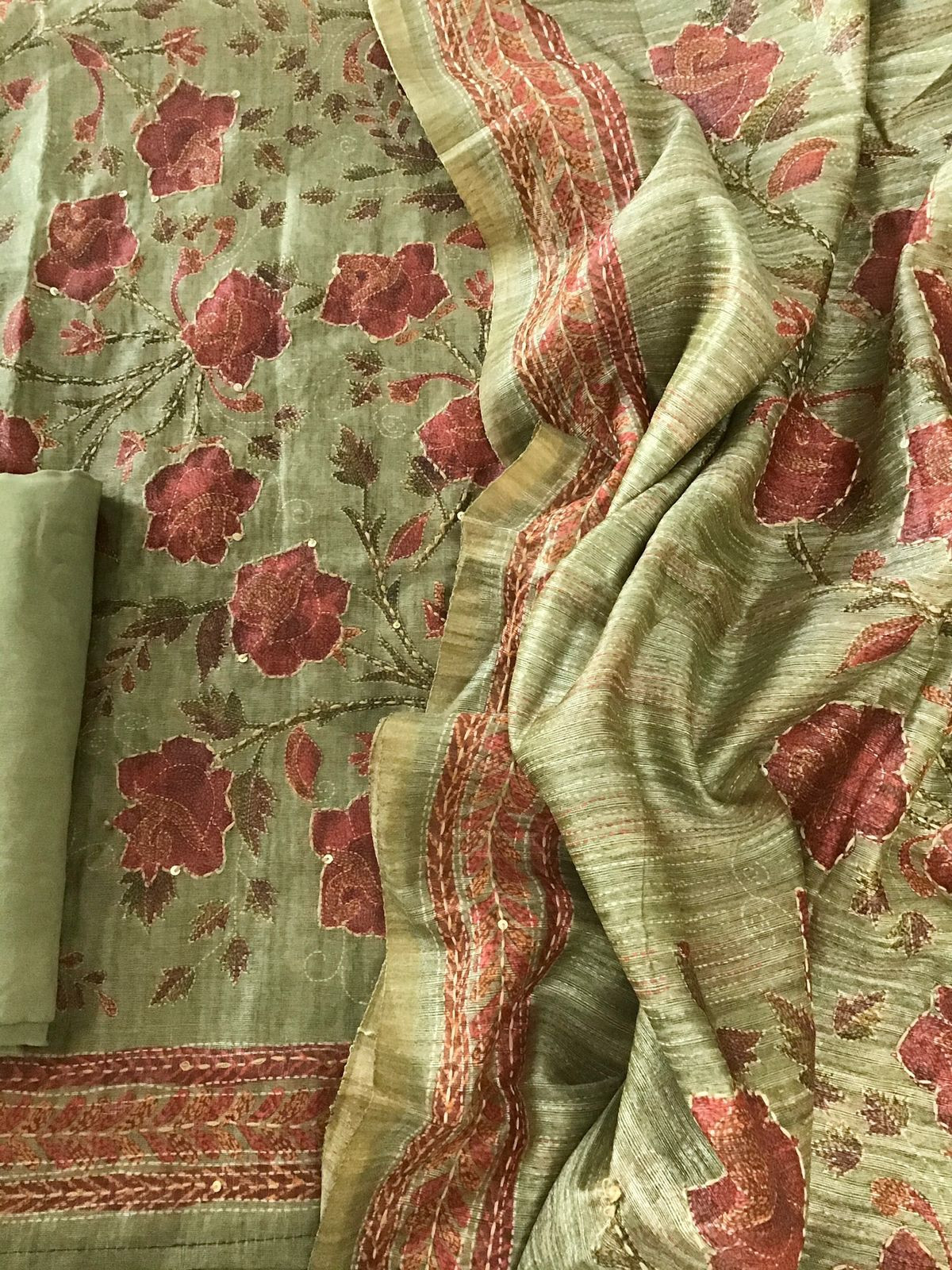 Soft Semi Raw Silk Printed Embroidered Suit - Green